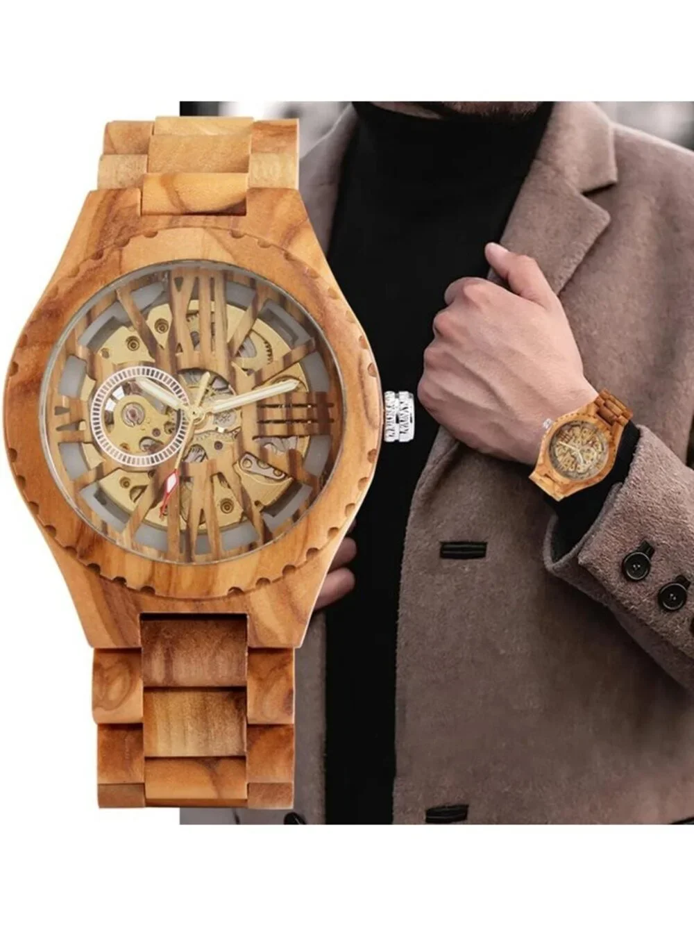 Men's Beige Analog Quartz No Battery Fashion Mechanical Movement Wooden Watch
